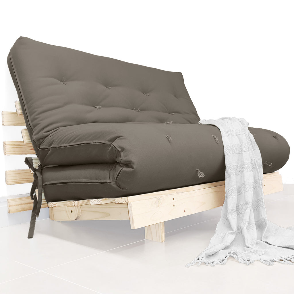Sofá Cama Casal Futon Tokio D33 Madeira Pinus Natural - Cinza