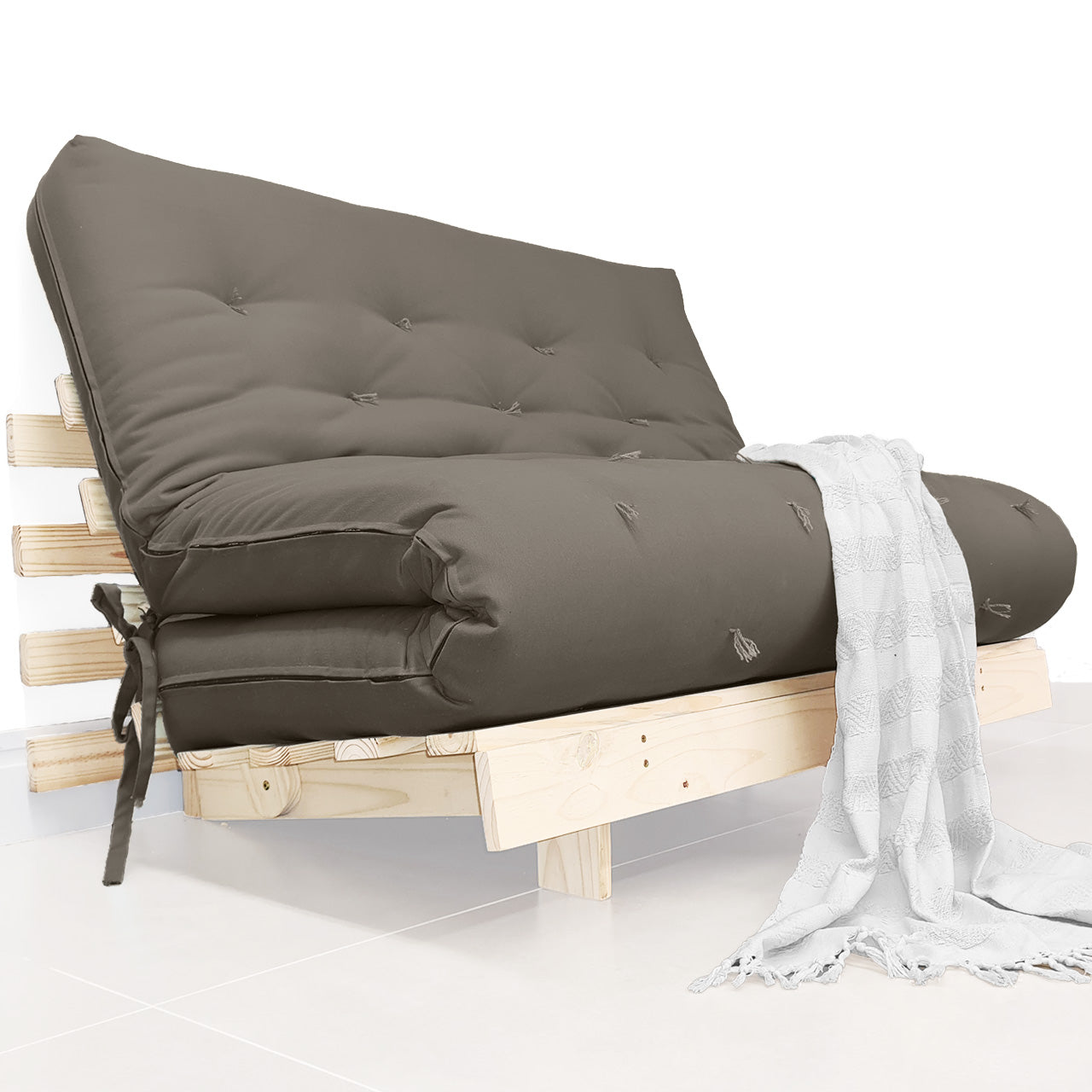 Sofá Cama Casal Futon Tokio D33 Madeira Pinus Natural - Cinza