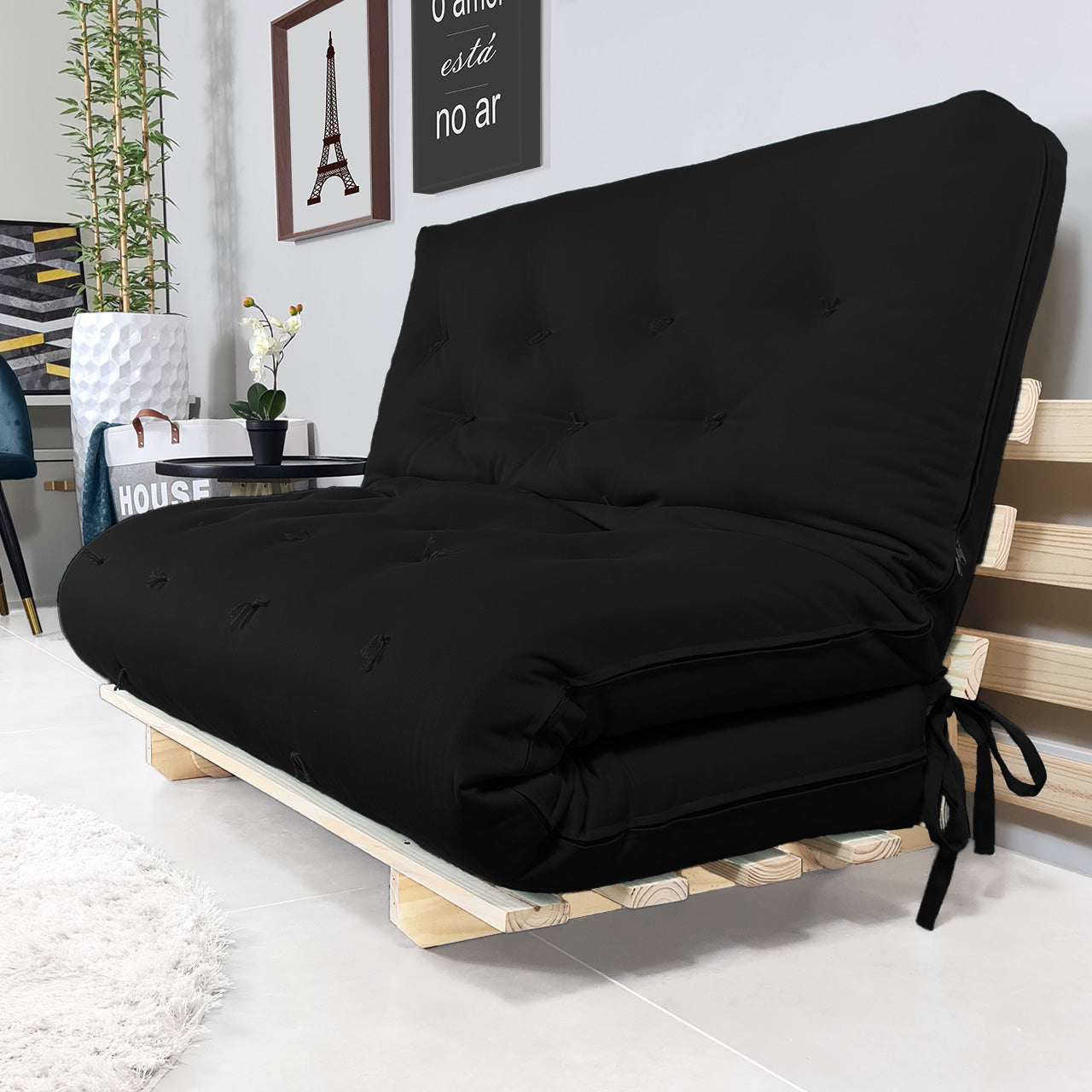 Sofa Cama Casal Futon Oriental Madeira Maciça Acquablock Preto