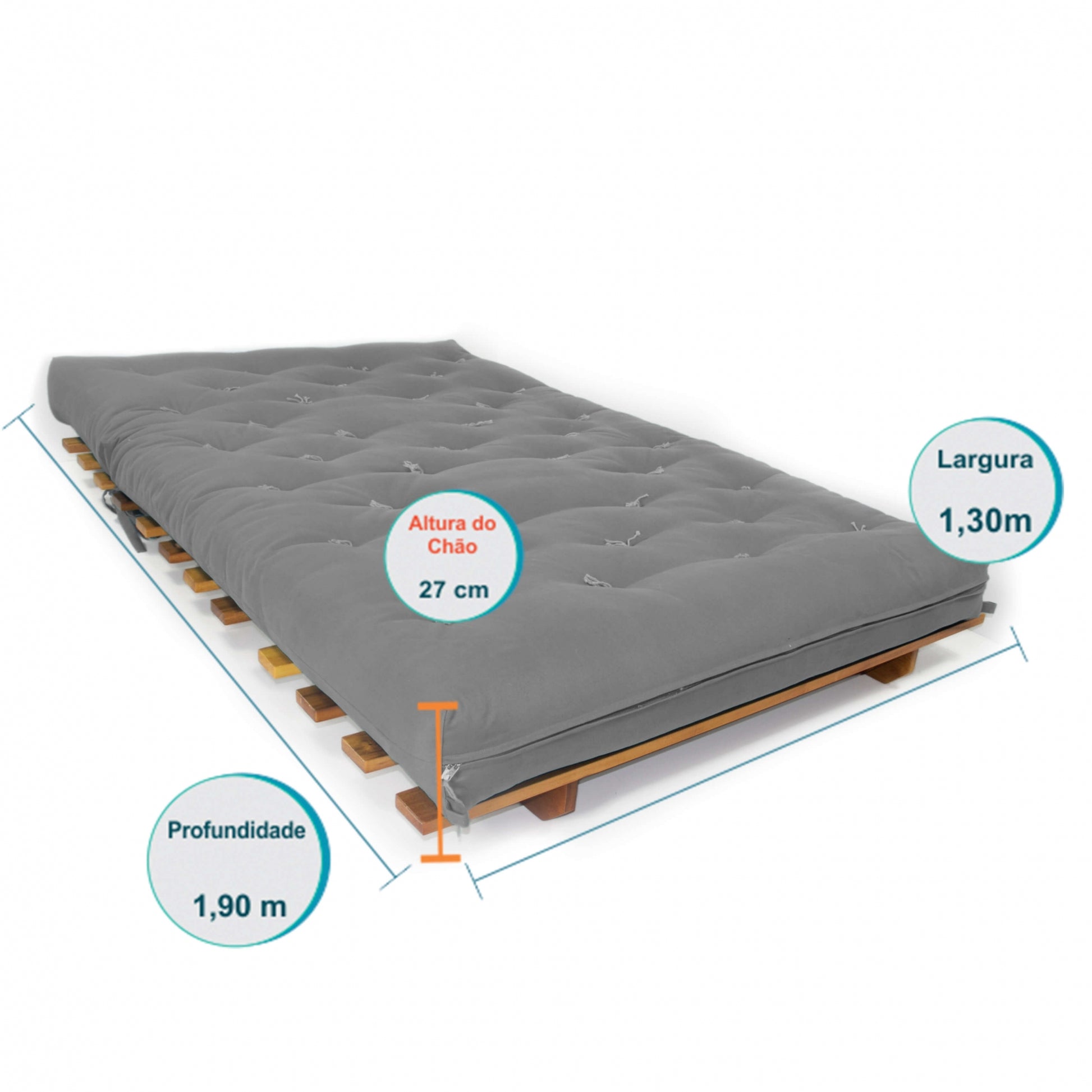 Sofá Cama Casal Futon Oriental Madeira Nobre Natural Cinza
