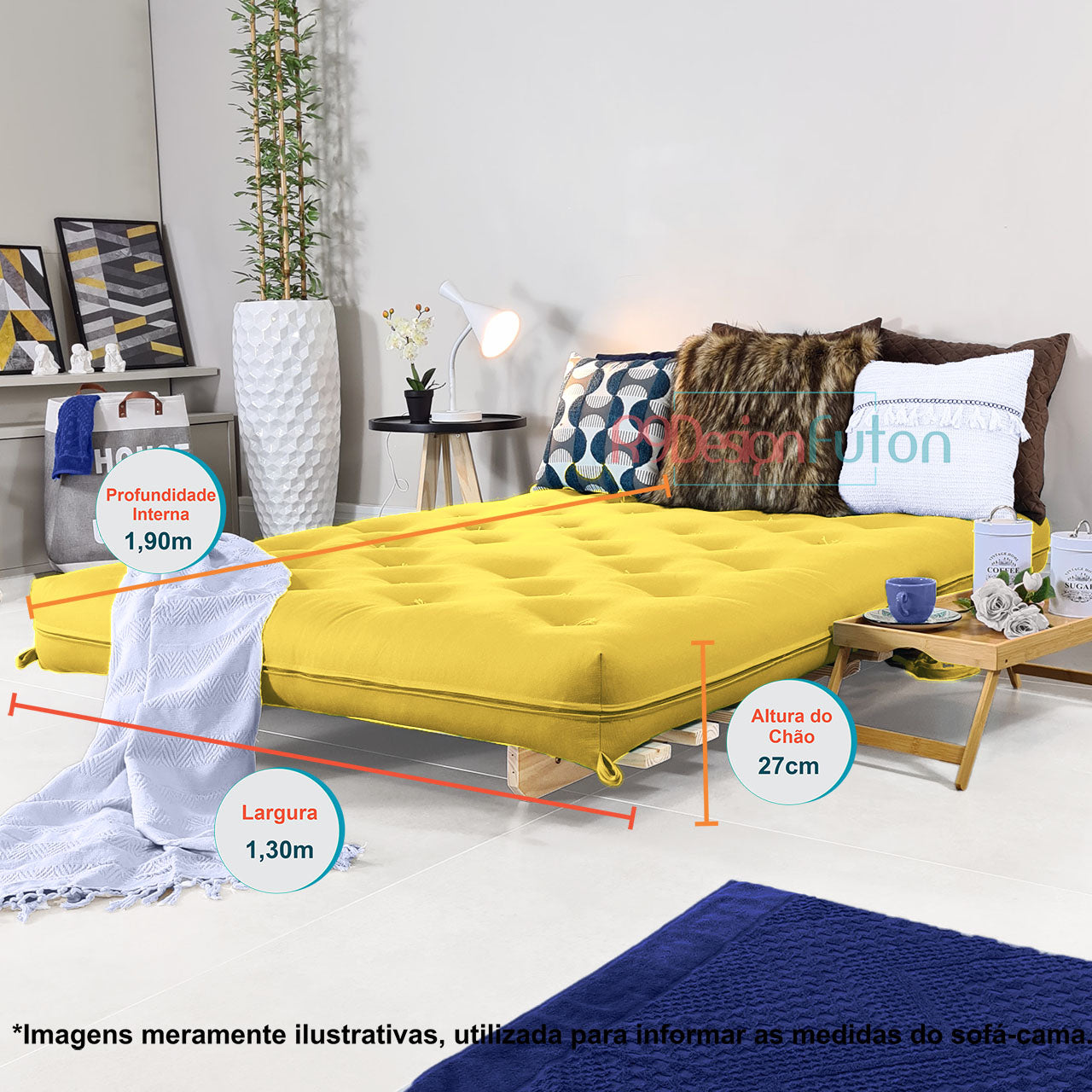 Sofa Cama Casal Futon Oriental Madeira Maciça Acquablock Amarelo