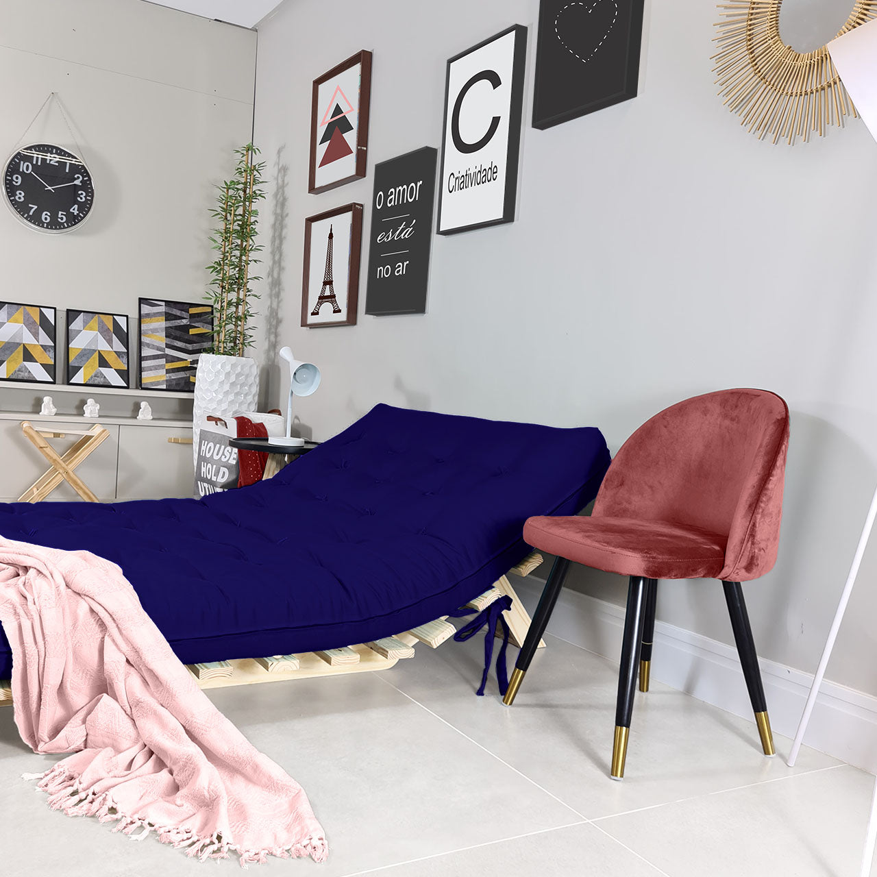 Sofa Cama Casal Futon Oriental Madeira Maciça Acquablock Azul Royal