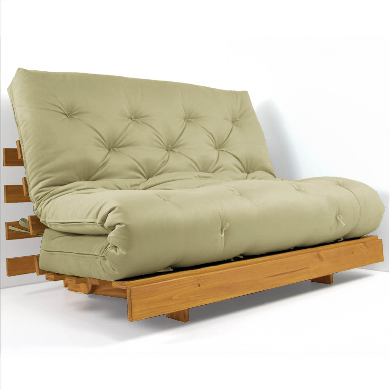 Sofá Cama Casal Futon Tokio D33 Madeira Maciça Cor Mel - Bege Claro