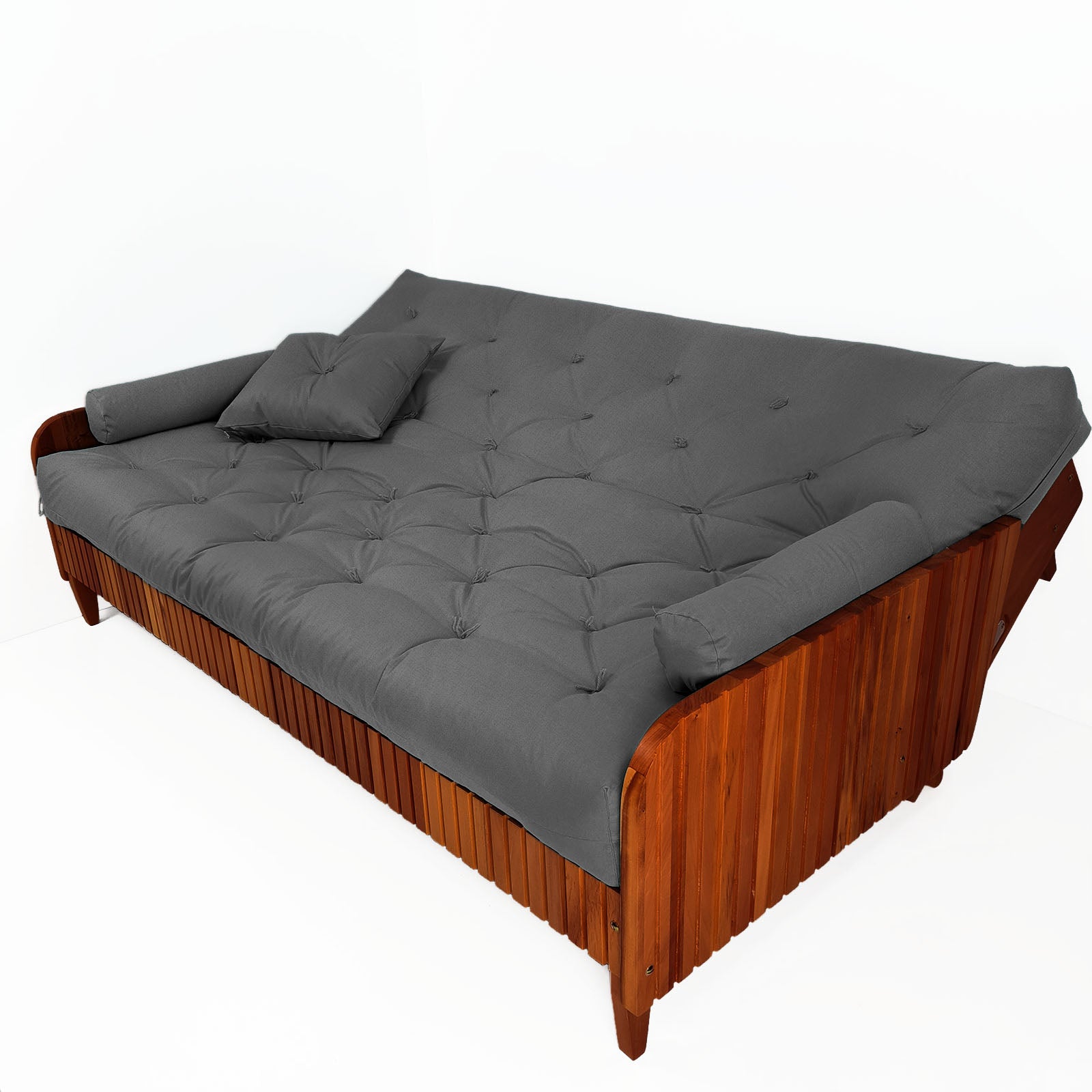 Sofá Cama Paris II Ripado Acquablock Madeira Maciça  Imbuia D33 - Cinza Linho