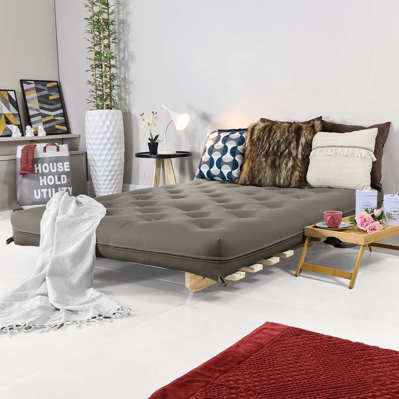 Sofa Cama Casal Futon Oriental Madeira Maciça Sarja Cinza