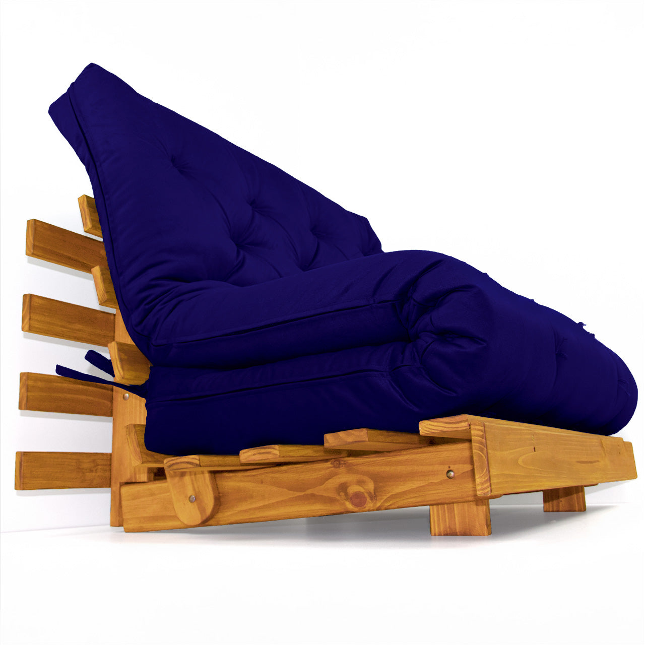 Sofá Cama Casal Futon Tokio Madeira Cor Mel Acquablock Azul Royal