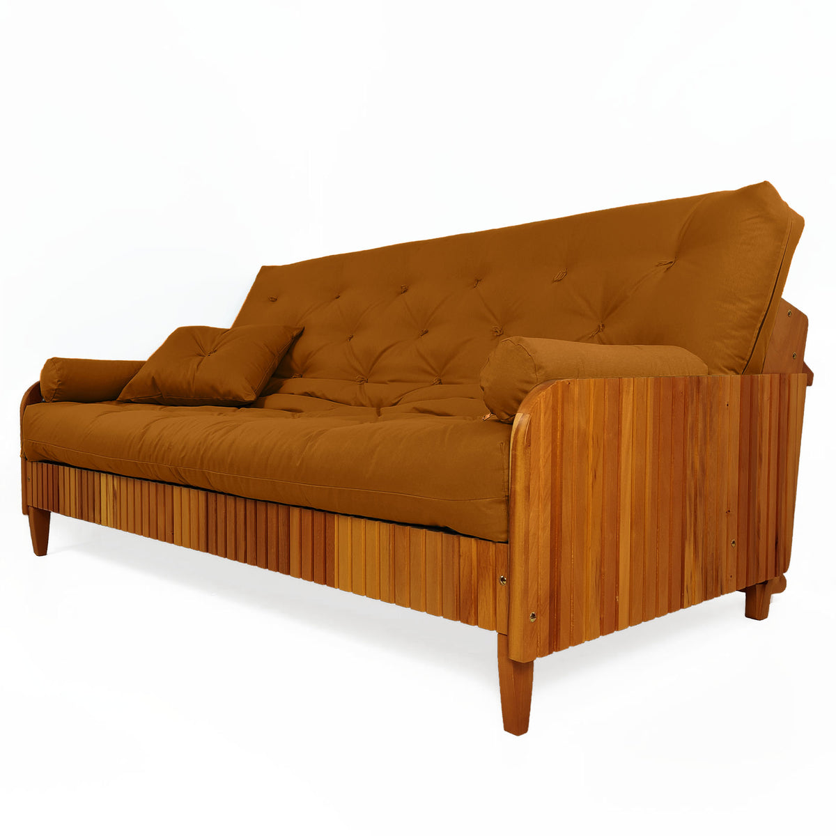 Sofá Cama Casal Futon Paris II Ripado Sarja em Madeira Maciça Natural - Cor Caramelo