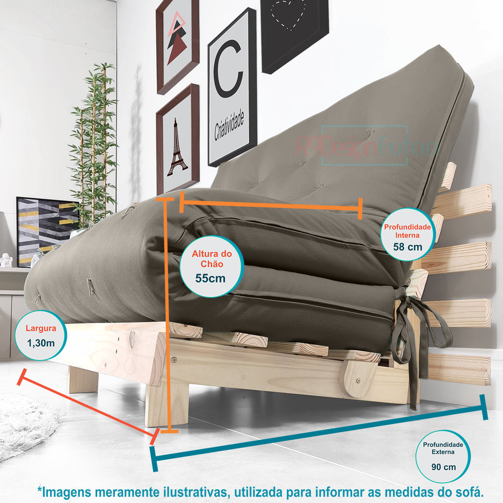 Sofá Cama Casal Futon Tokio D33 Madeira Pinus Natural - Cinza