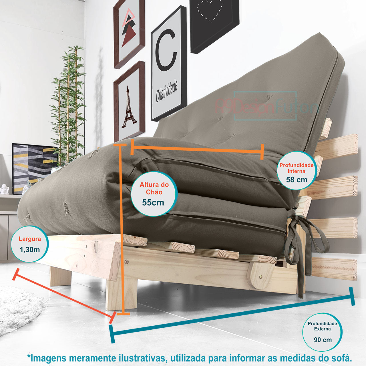 Sofá Cama Casal Futon Tokio D33 Madeira Pinus Natural - Cinza
