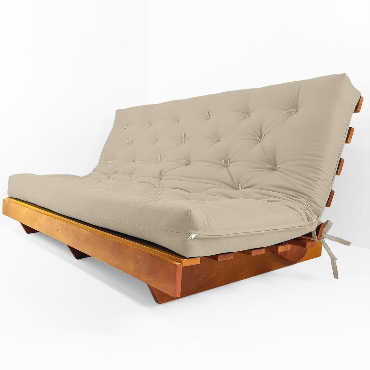Sofá Cama Futon L Sarja Bege em Madeira Nobre Maciça