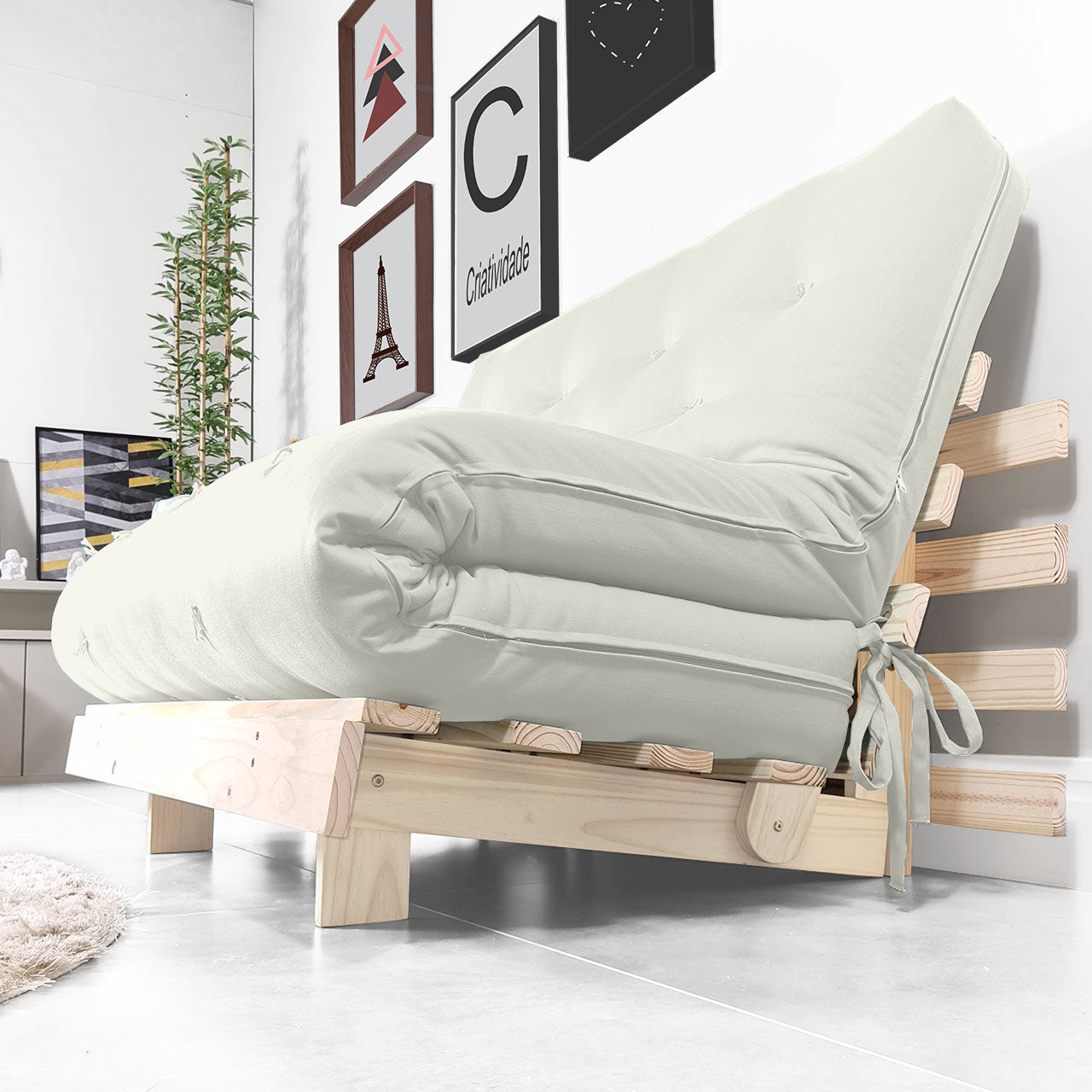 Sofá Cama Casal Futon Tokio Madeira Maciça Acquablock Branco Off