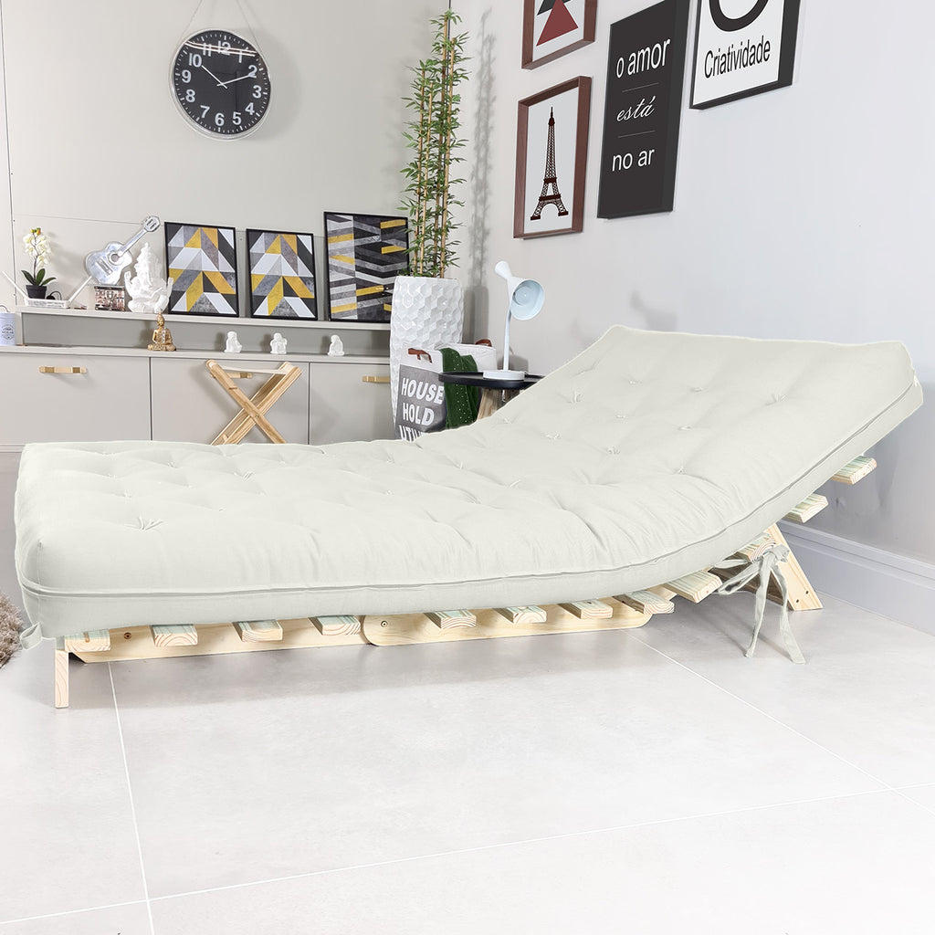 Sofa Cama Casal Futon Oriental  Madeira Maciça Acquablock Branco Off