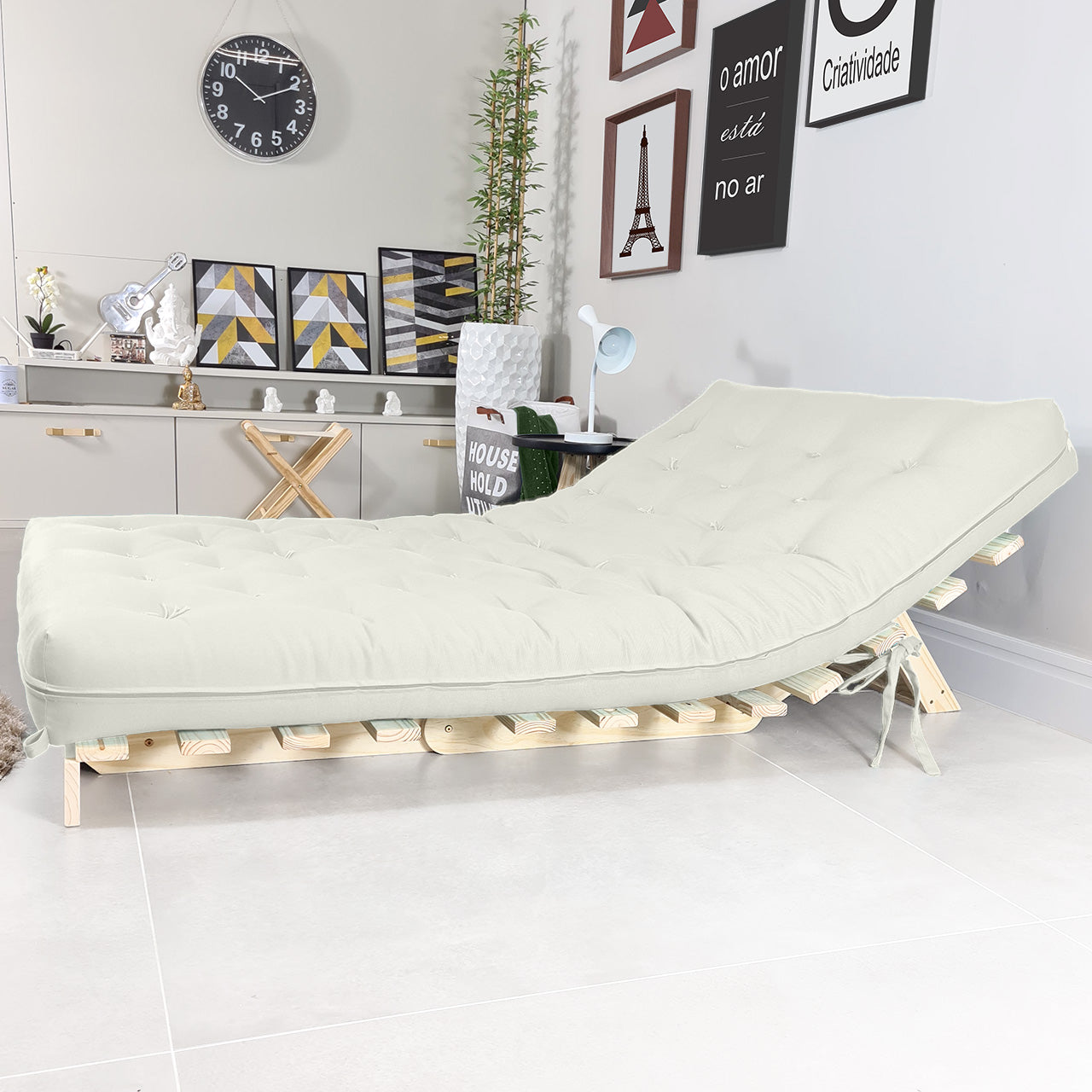 Sofa Cama Casal Futon Oriental  Madeira Maciça Acquablock Branco Off
