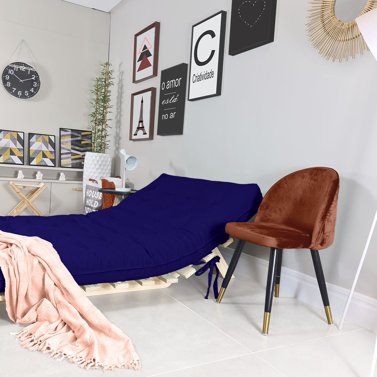Sofa Cama Futon Casal Tokio Madeira Maciça Acquablock Azul Royal