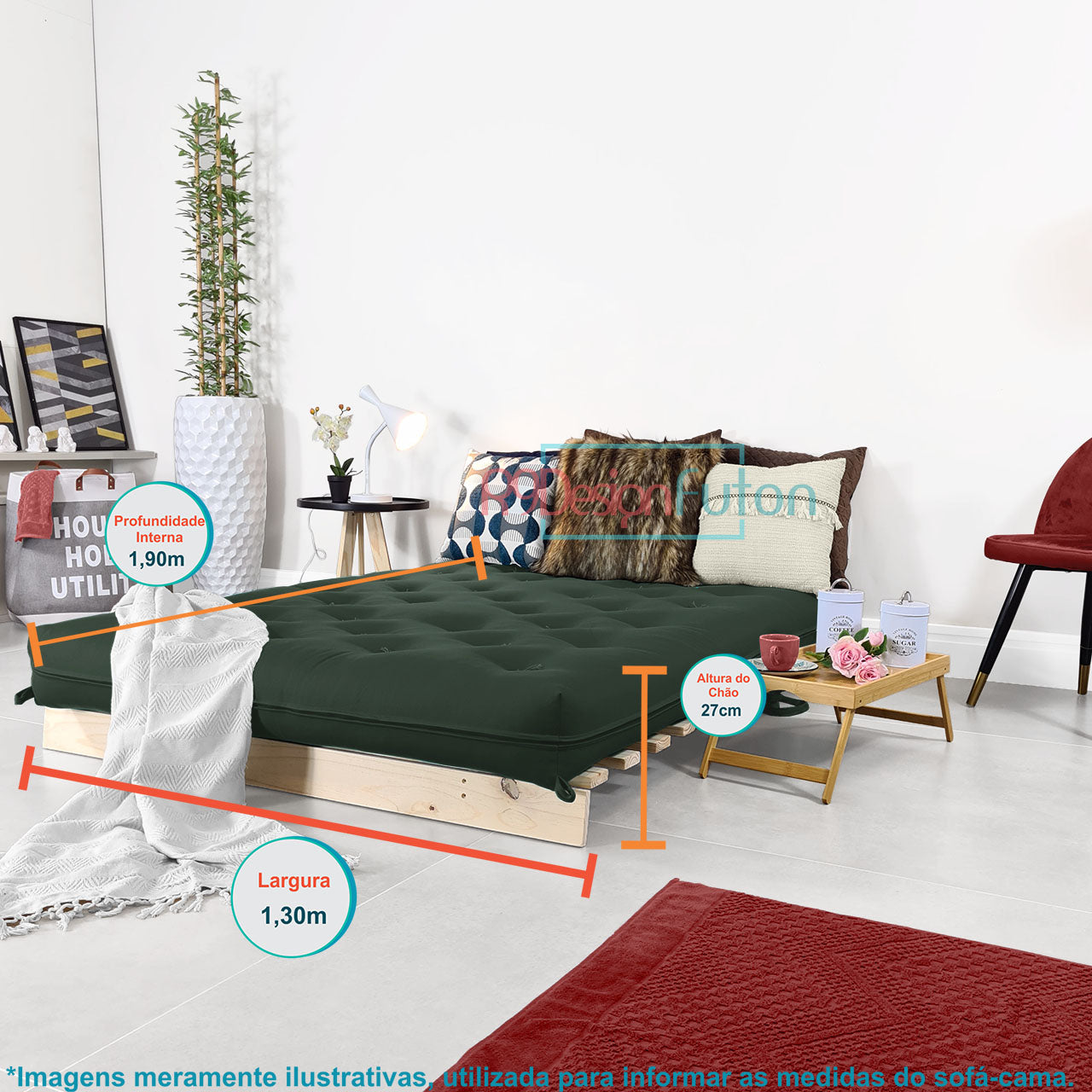Sofá Cama Casal Futon Tokio D33 Madeira Pinus Natural - Verde Militar