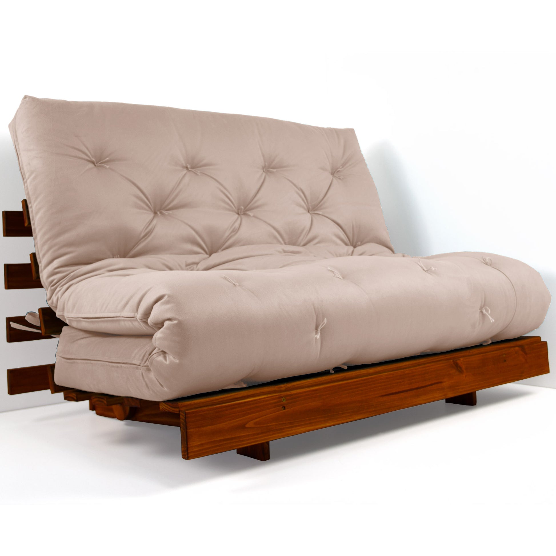 Sofá Cama Casal Futon Tokio Madeira Cor Imbuia Acquablock Bege