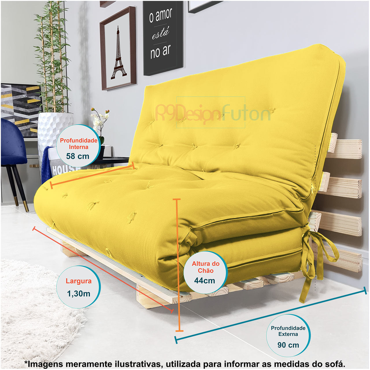 Sofa Cama Casal Futon Oriental Madeira Maciça Acquablock Amarelo
