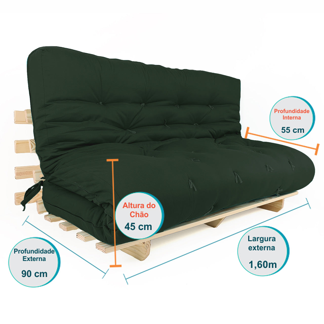 Sofa Cama Futon Oriental King Madeira Pinus Sarja Verde Militar