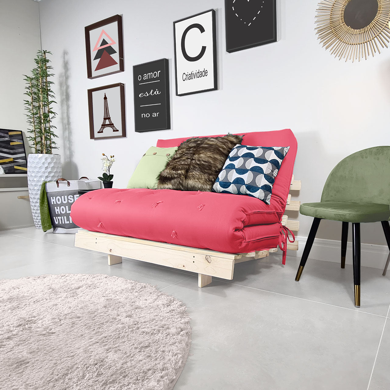 Sofa Cama Futon Casal Tokio Madeira Maciça Sarja Goiaba