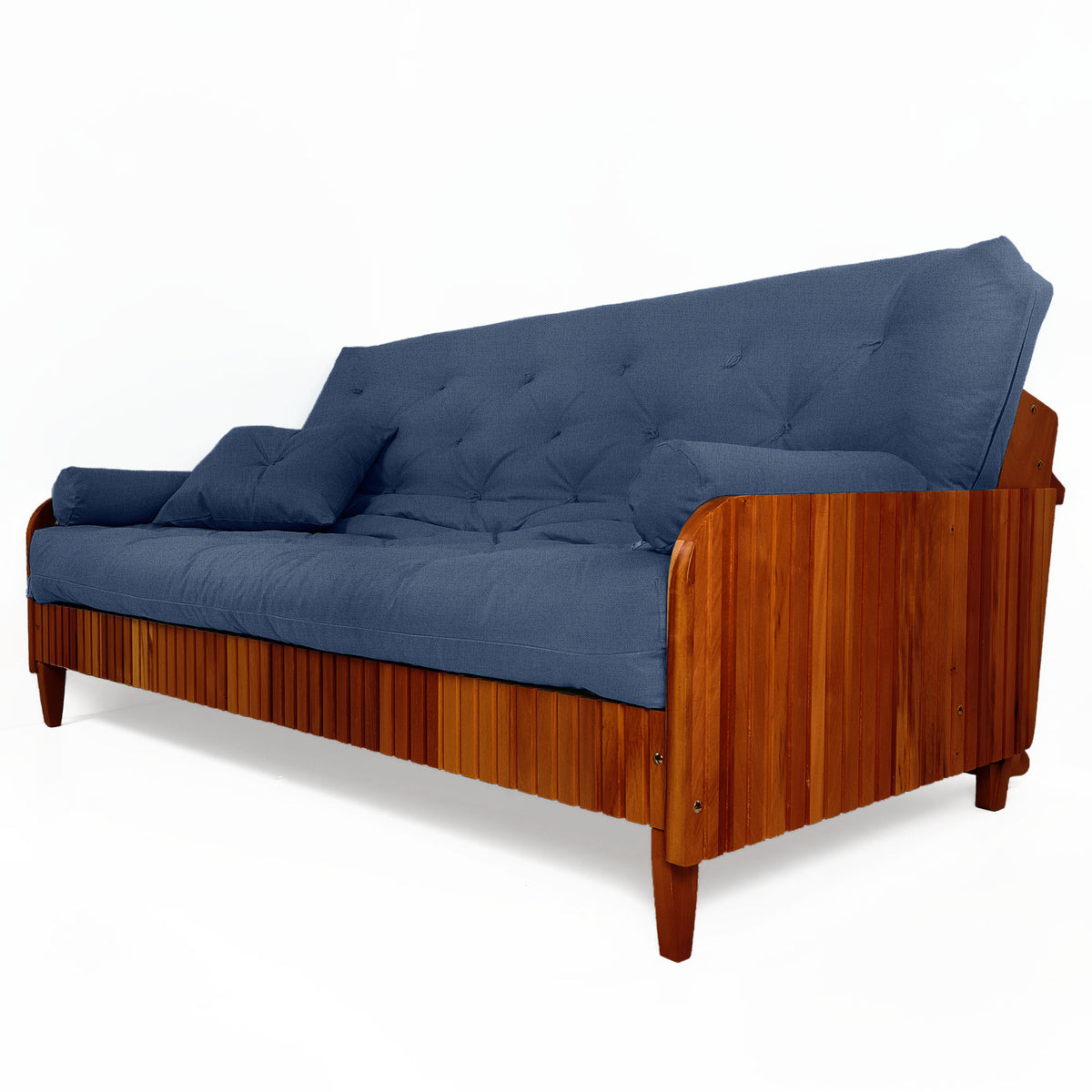 Sofá Cama Casal Futon Paris II Ripado Acquablock Madeira Maciça Imbuia - Cor Azul Royal