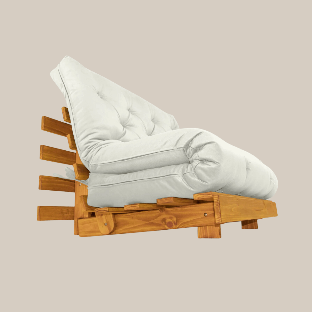 Sofá Cama Casal Futon Tokio Madeira Cor Mel Acquablock Branco Off