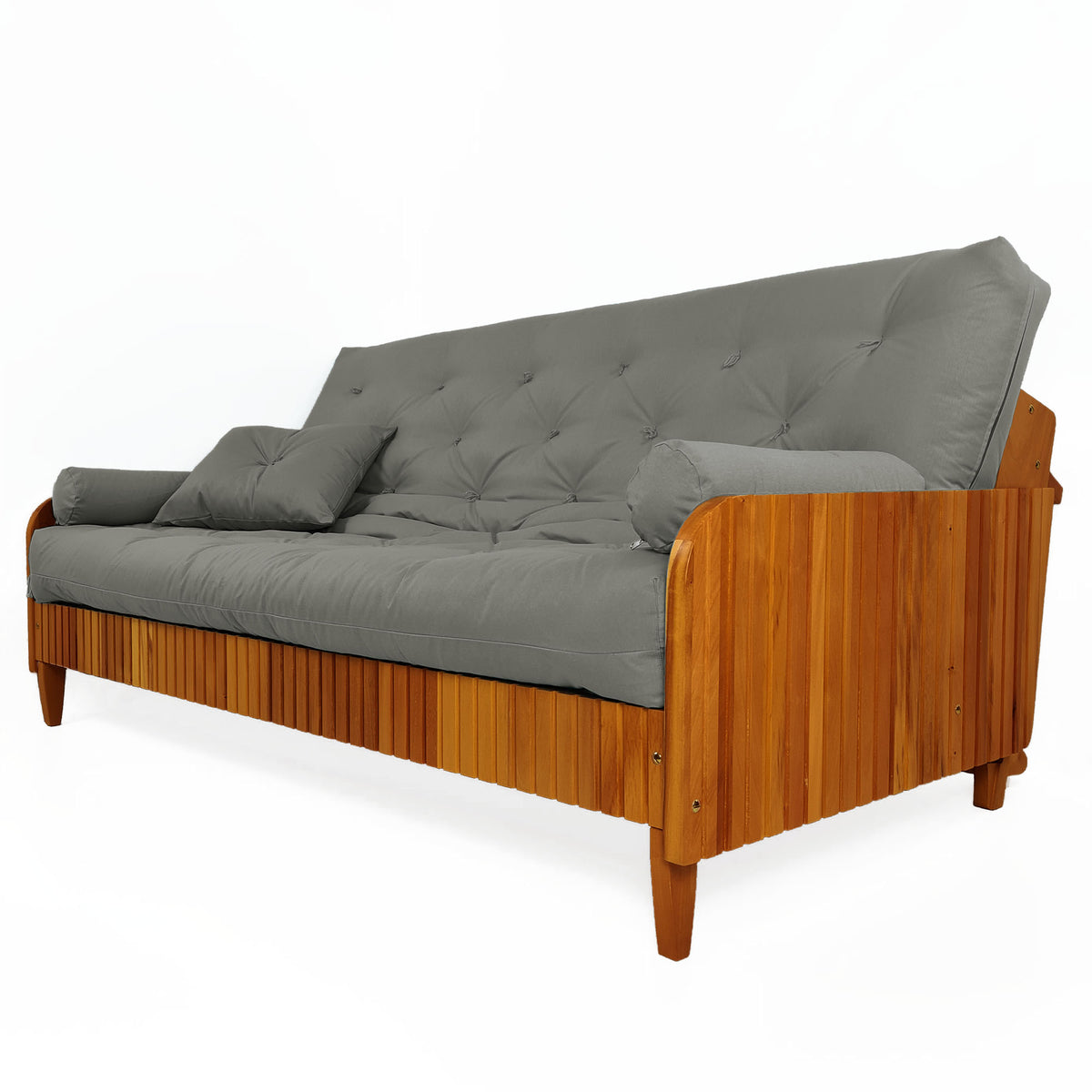Sofá Cama Casal Futon Paris II Ripado Sarja em Madeira Maciça Natural - Cor Cinza