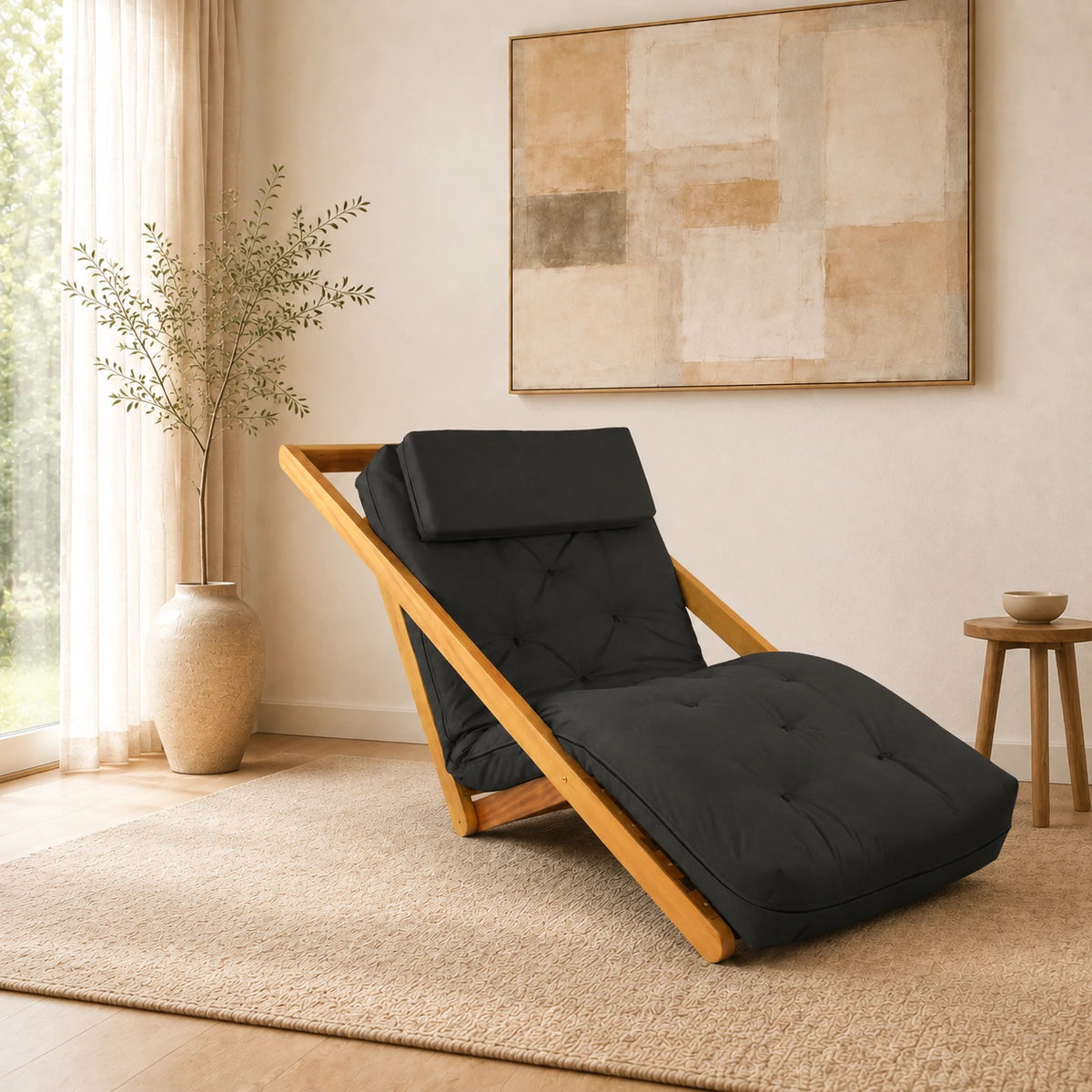 Poltrona New York Reclin�vel Solteiro Sala de Estar Madeira Nobre Sarja Preto - ambientada