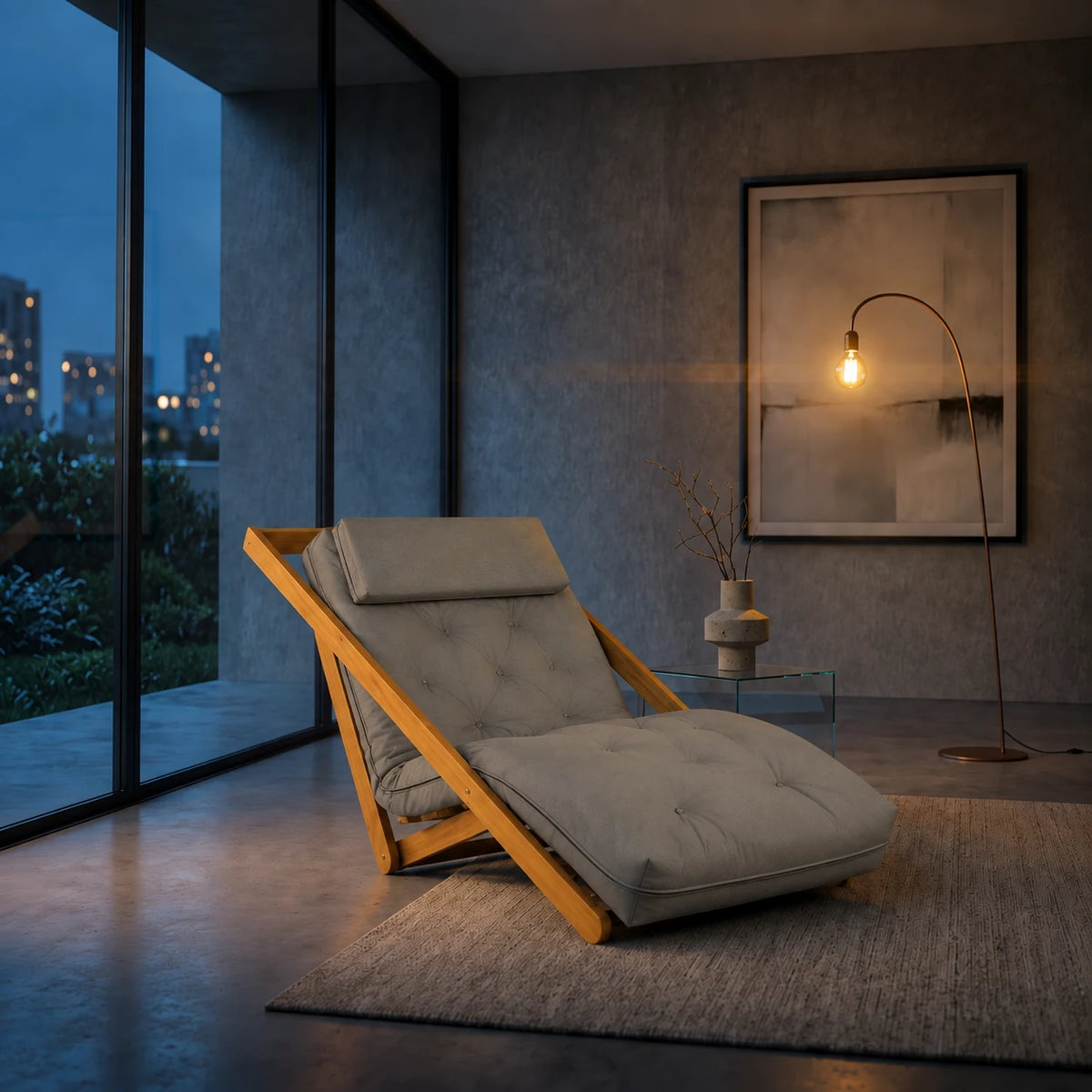 Poltrona New York Reclin�vel Solteiro Sala de Estar Sarja Cinza - ambientada_noturna_r3