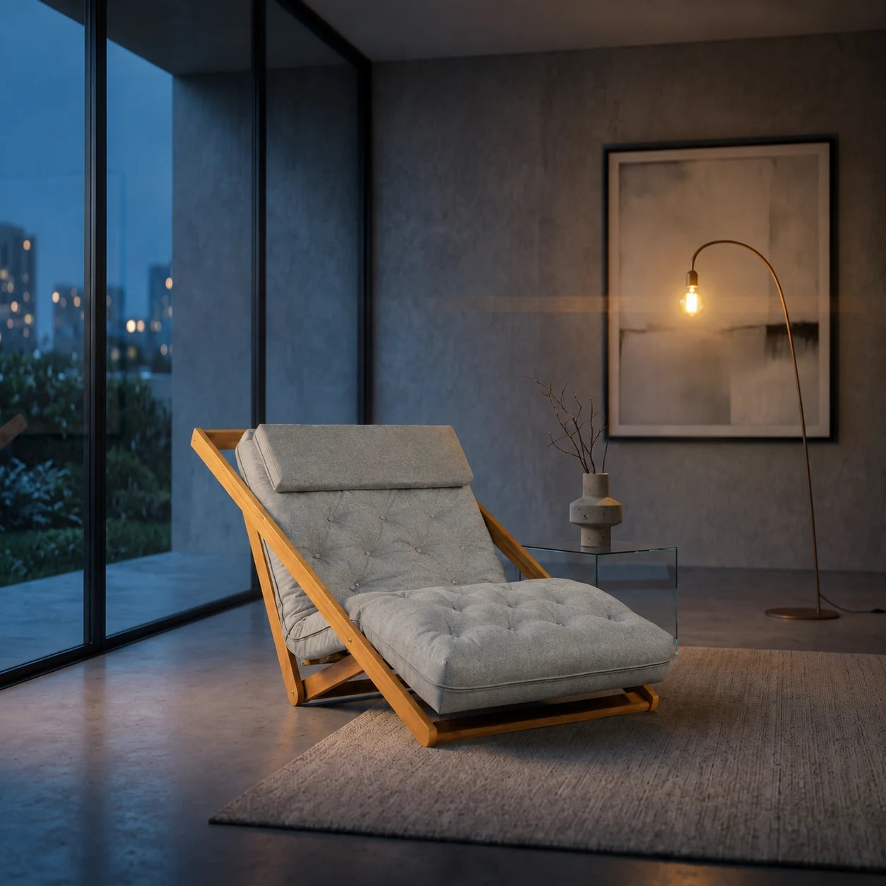 Poltrona New York Reclin�vel Solteiro Sala de Estar Acquablock Cinza Linho - ambientada_noturna_r3