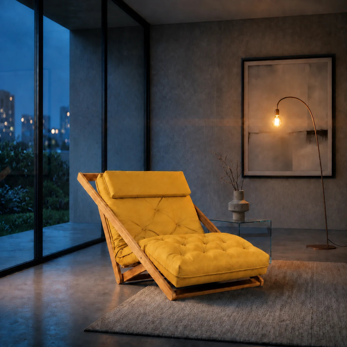 Poltrona New York Reclin�vel Solteiro Sala de Estar Acquablock Amarelo - ambientada_noturna_r3