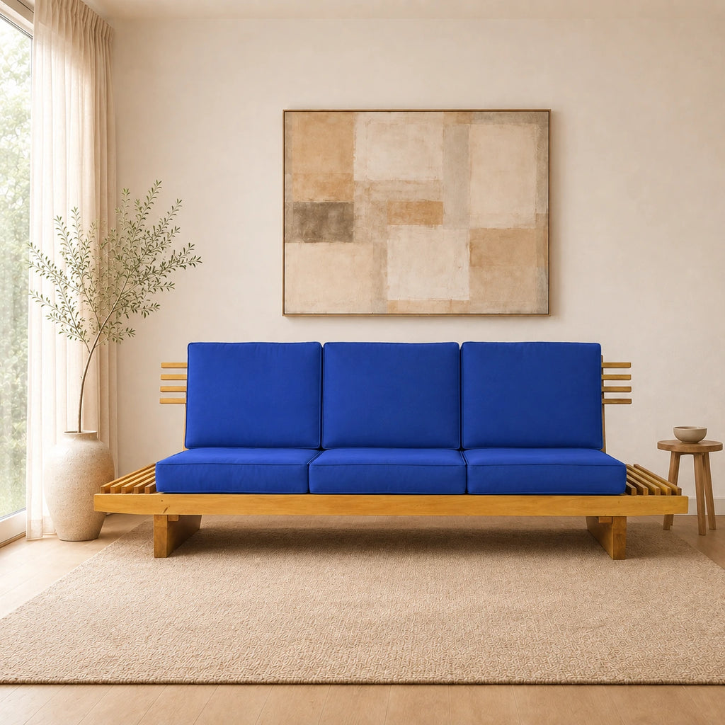 Sof� 3 Lugares Madeira Nobre Maci�a Xangai Sala Moderna Azul Royal - ambientada
