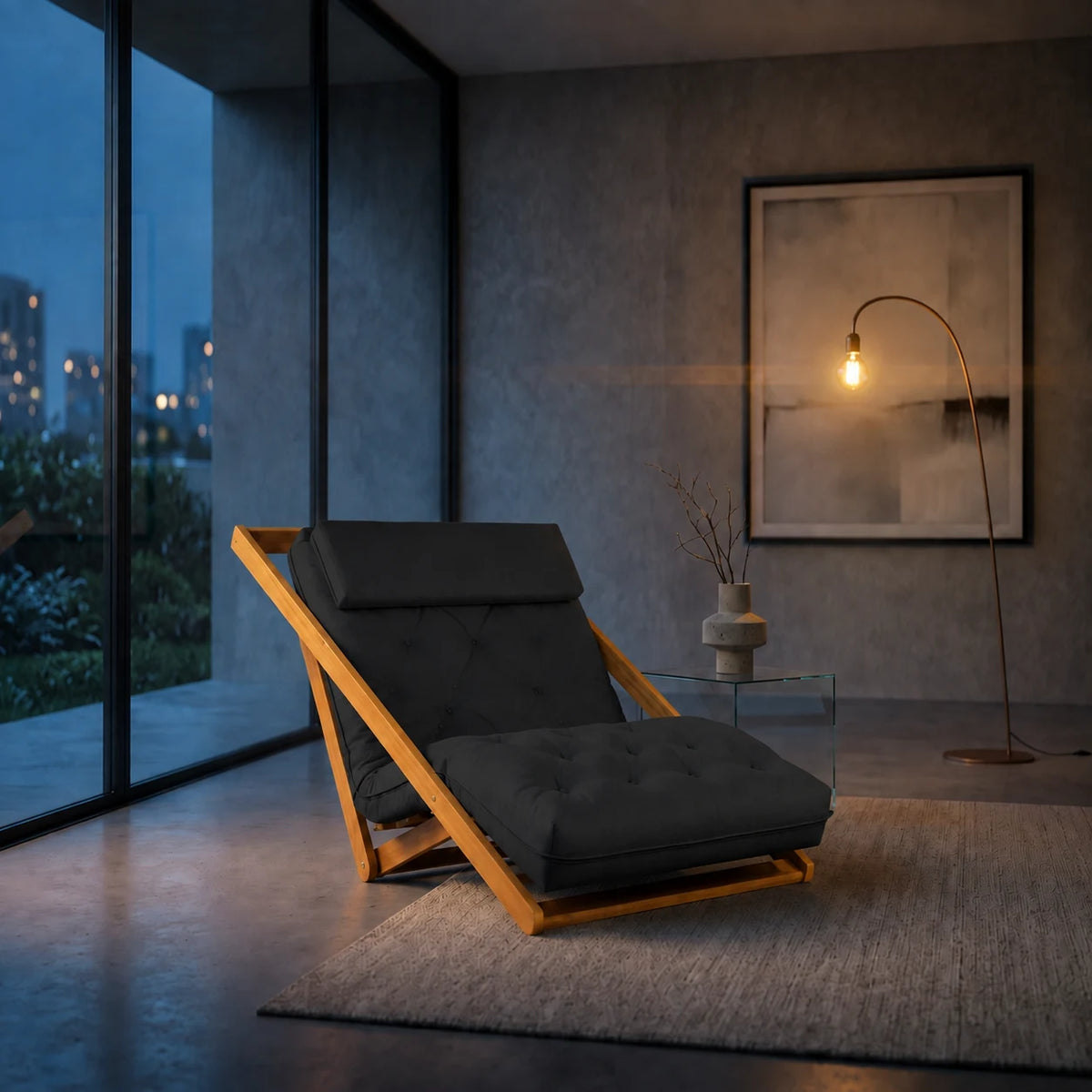 Poltrona New York Reclin�vel Solteiro Sala de Estar Acquablock Preta - ambientada_noturna_r3