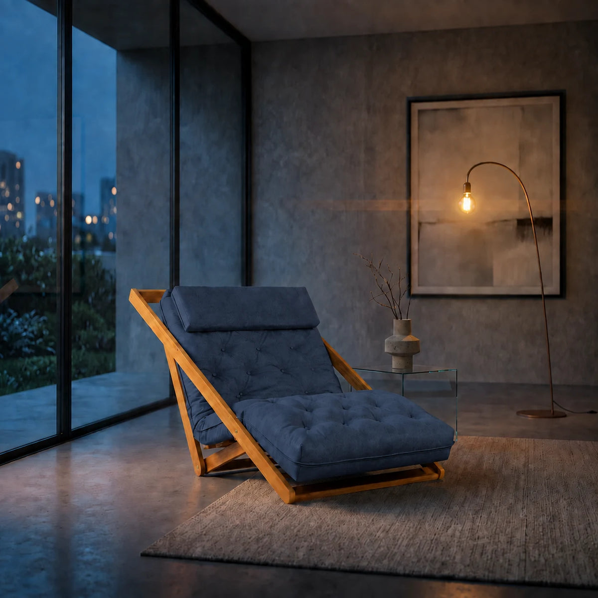 Poltrona New York Reclin�vel Solteiro Sala de Estar Sarja Azul Royal - ambientada_noturna_r3