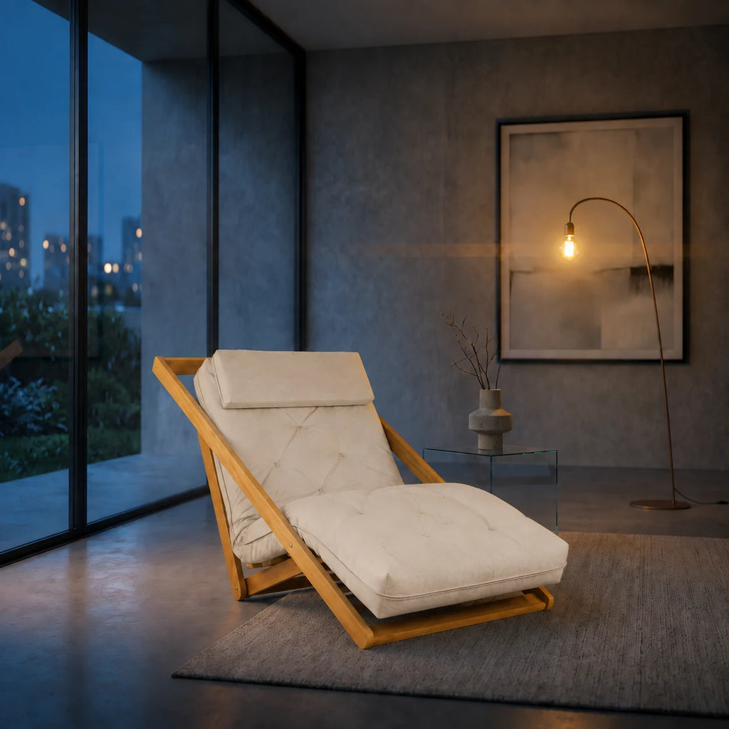 Poltrona New York Reclin�vel Solteiro Sala de Estar Sarja Bege - ambientada_noturna_r3