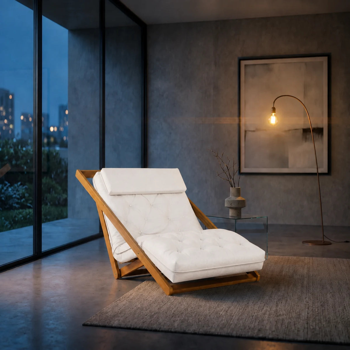 Poltrona New York Reclin�vel Solteiro Sala de Estar Madeira Nobre Acquablock Branco Off - ambientada_noturna_r3