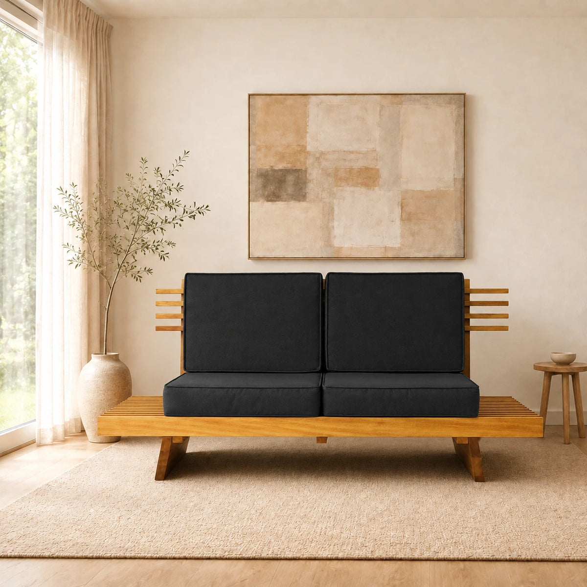 Sof� 2 Lugares Xangai Madeira Nobre Preto Sala Moderna - ambientada