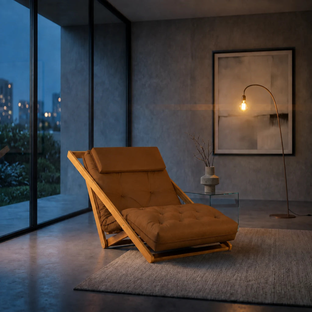 Poltrona New York Reclin�vel Solteiro Sala de Estar Sarja Caramelo - ambientada_noturna_r3