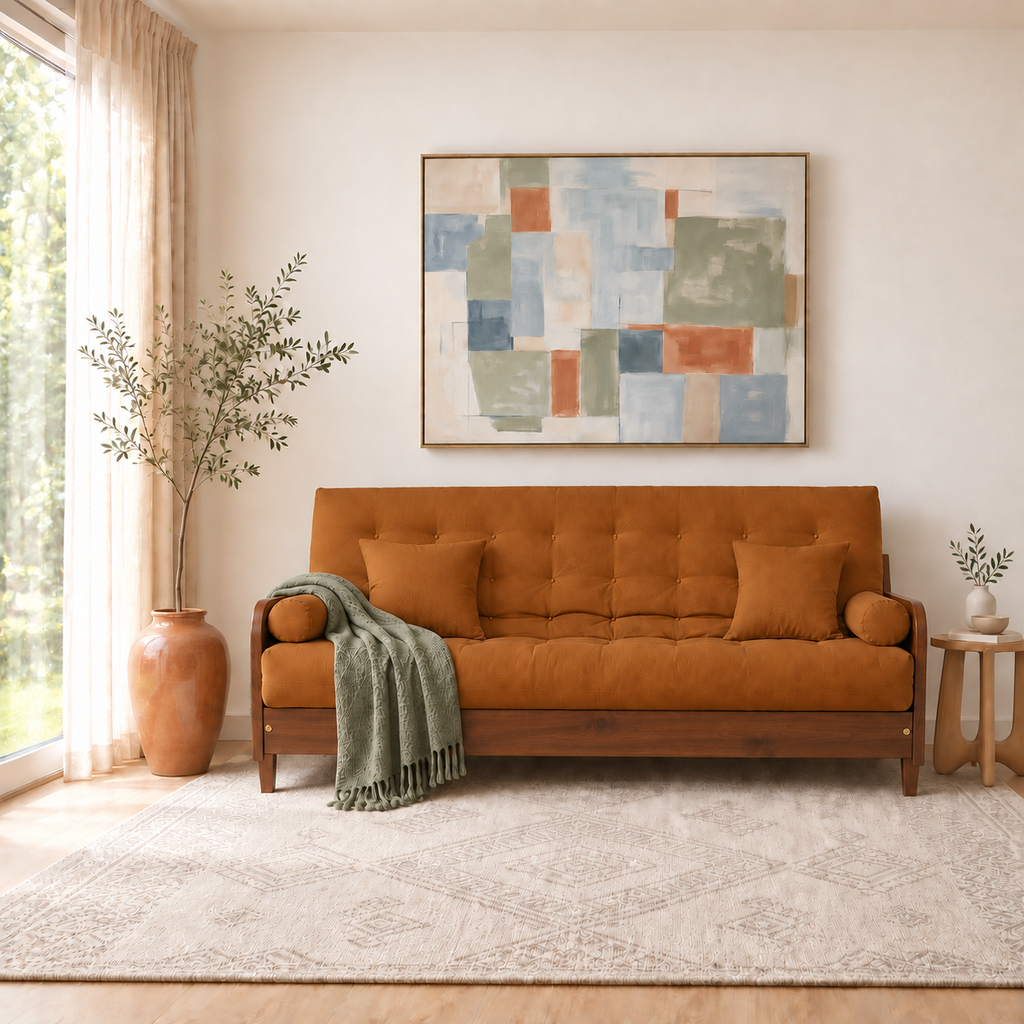 Sofá Cama Casal Futon Paris II Sarja em Madeira Maciça Imbuia - Cor Caramelo - sofá decorada