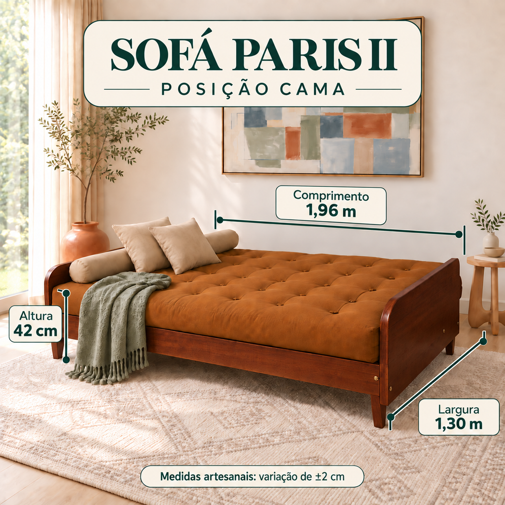 Sofá Cama Casal Futon Paris II Sarja em Madeira Maciça Imbuia - Cor Caramelo - guia de medidas na posição cama
