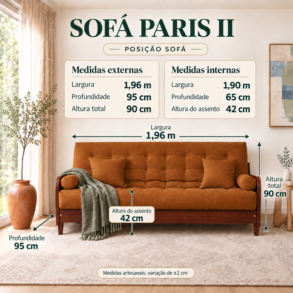 Sofá Cama Casal Futon Paris II Sarja em Madeira Maciça Imbuia - Cor Caramelo - guia de medidas na posição sofá