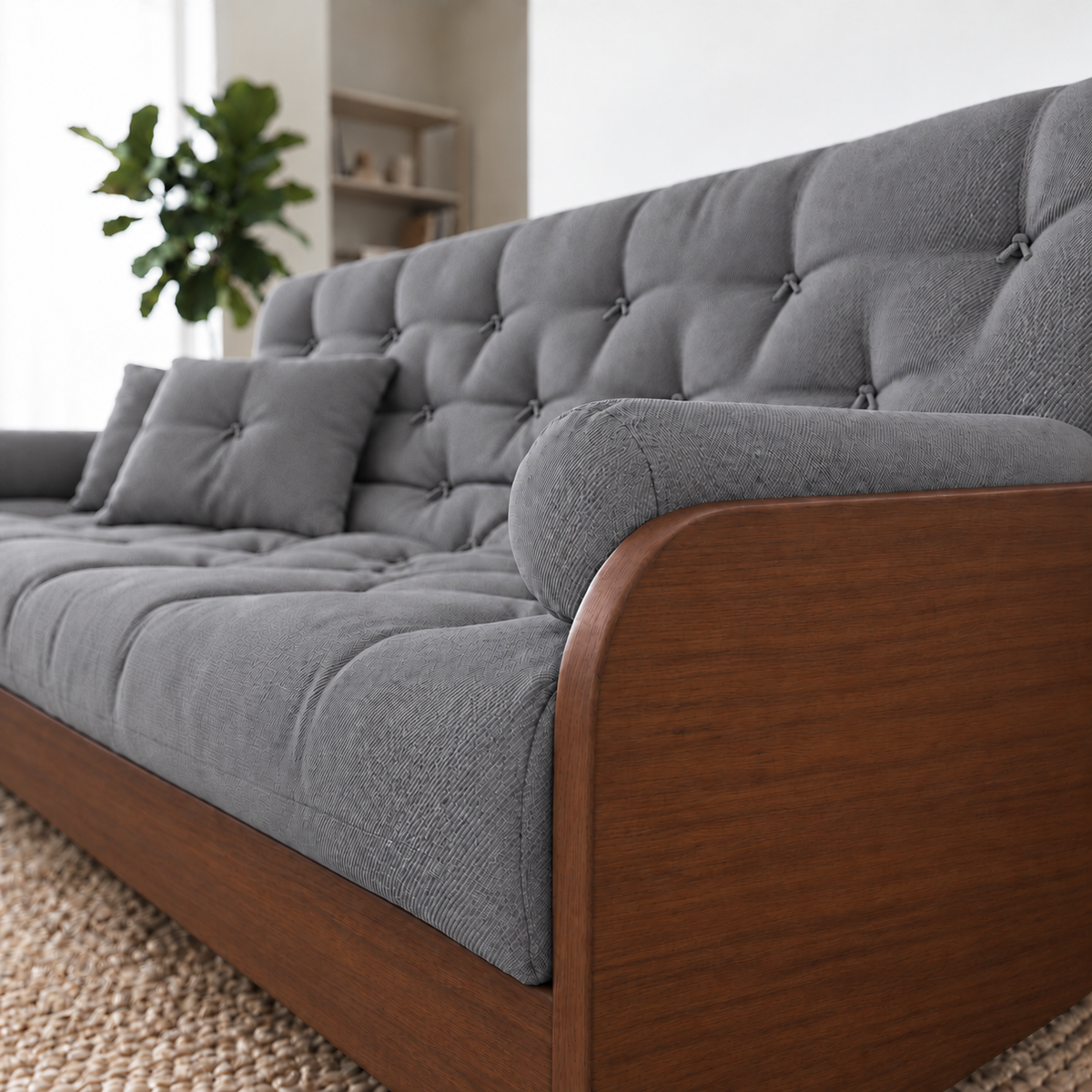 Sofá Cama Casal Futon Paris II Sarja em Madeira Maciça Imbuia - Cor Cinza - detalhe do produto e da madeira