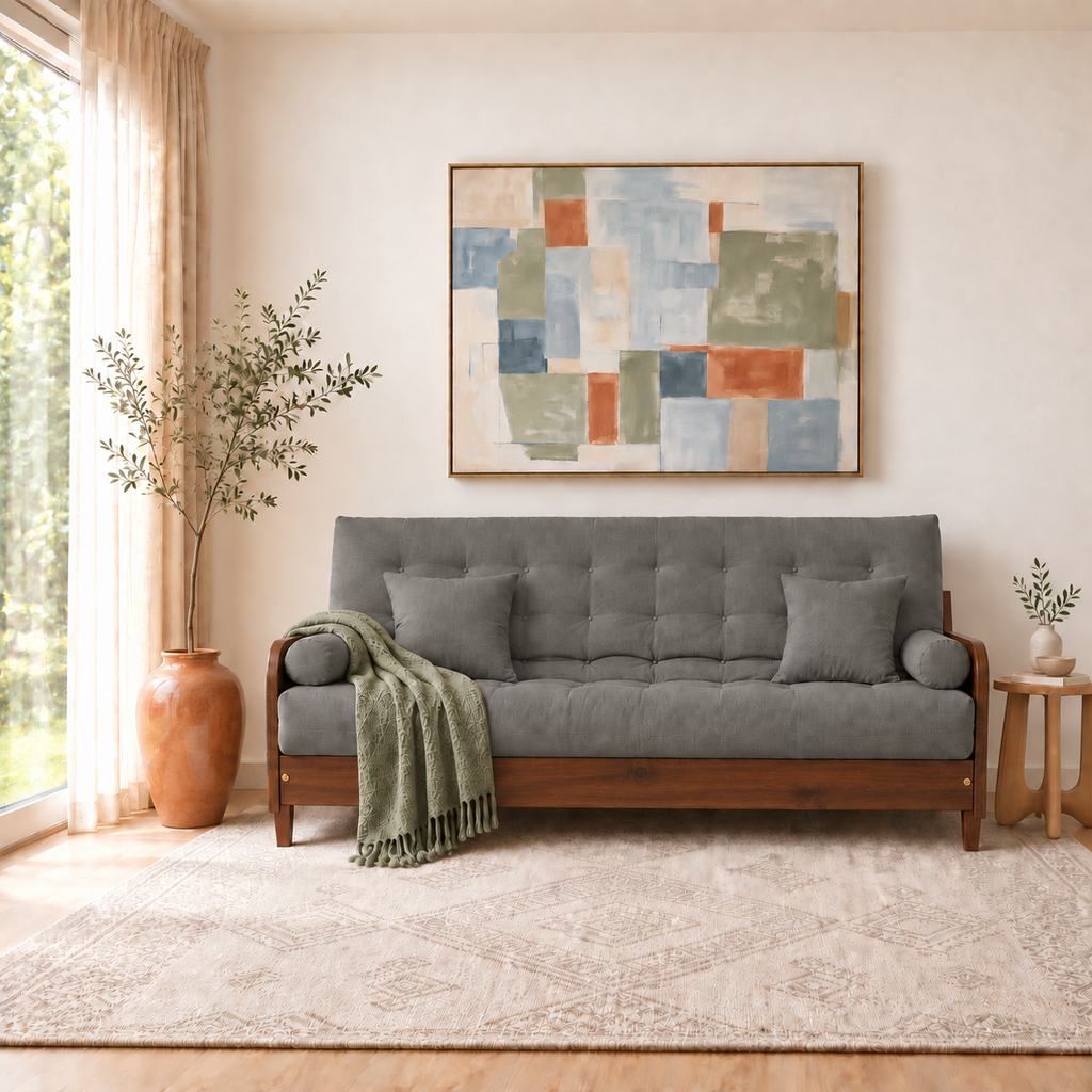 Sofá Cama Casal Futon Paris II Sarja em Madeira Maciça Imbuia - Cor Cinza - sofá decorada