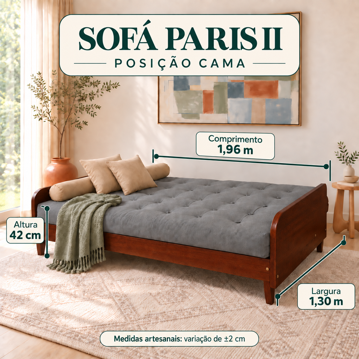 Sofá Cama Casal Futon Paris II Sarja em Madeira Maciça Imbuia - Cor Cinza - guia de medidas na posição cama
