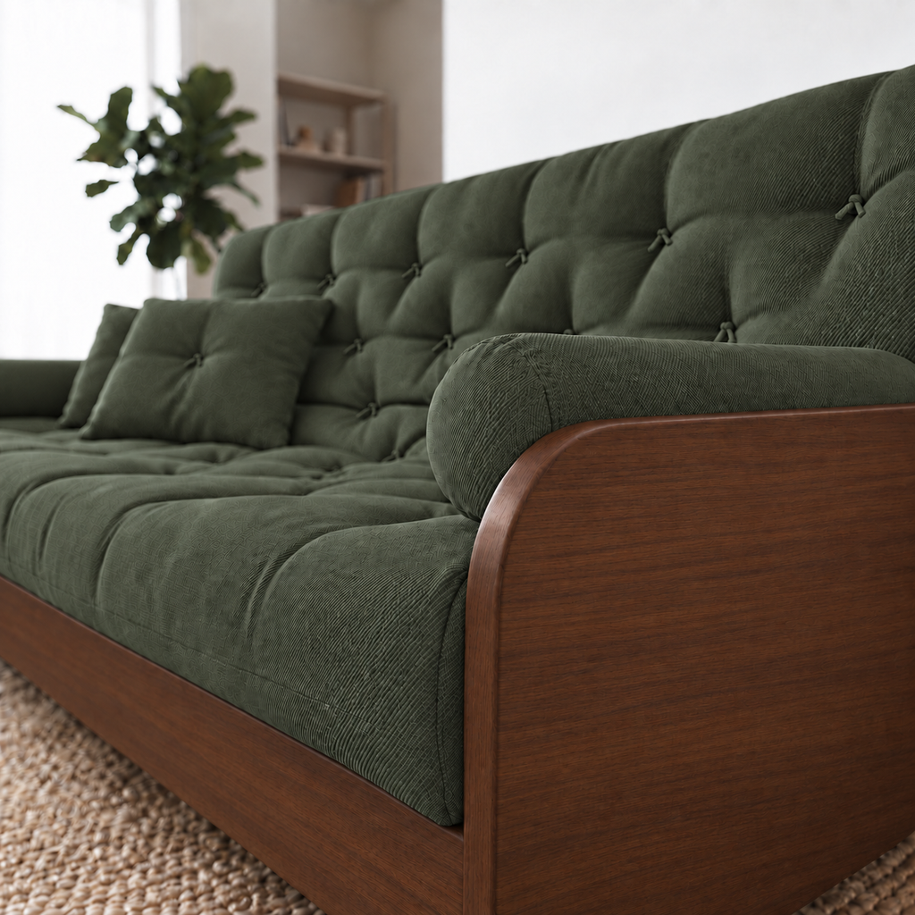 Sofá Cama Casal Futon Paris II Sarja em Madeira Maciça Imbuia - Cor Verde Militar - detalhe do produto e da madeira