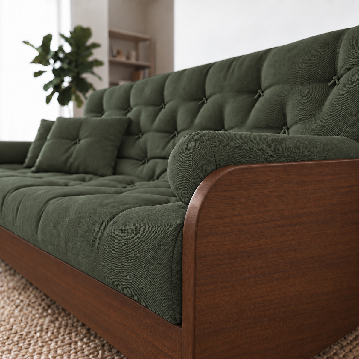 Sofá Cama Casal Futon Paris II Sarja em Madeira Maciça Imbuia - Cor Verde Militar - detalhe do produto e da madeira