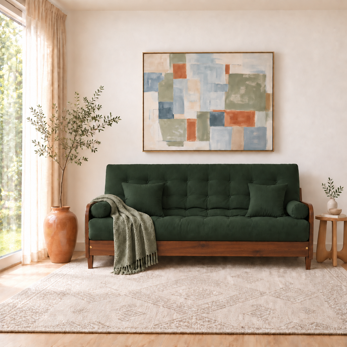 Sofá Cama Casal Futon Paris II Sarja em Madeira Maciça Imbuia - Cor Verde Militar - sofá decorada