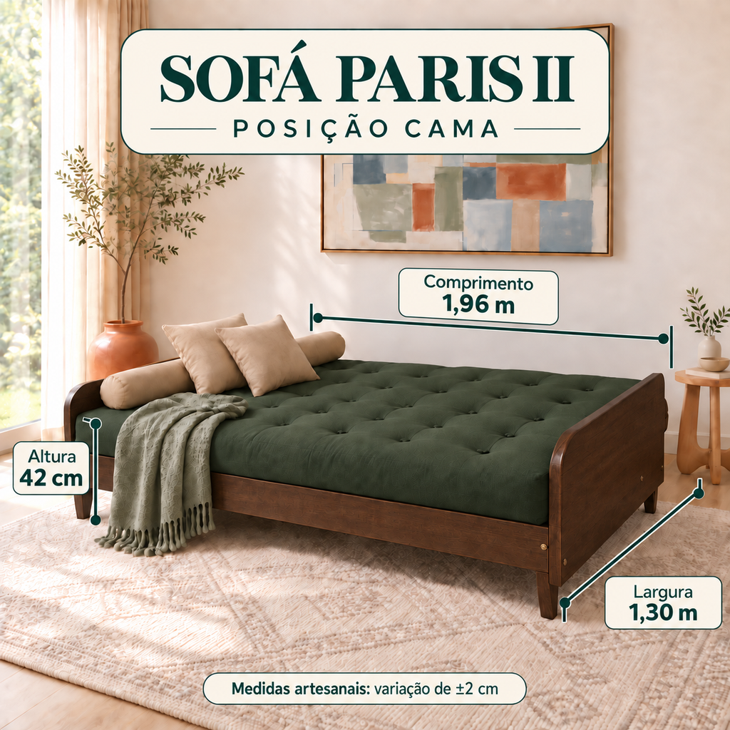 Sofá Cama Casal Futon Paris II Sarja em Madeira Maciça Imbuia - Cor Verde Militar - guia de medidas na posição cama