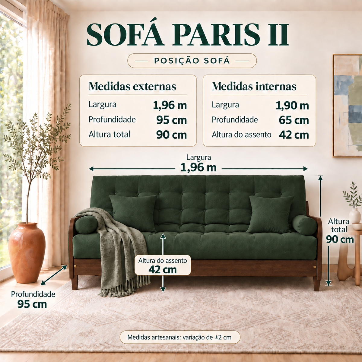 Sofá Cama Casal Futon Paris II Sarja em Madeira Maciça Imbuia - Cor Verde Militar - guia de medidas na posição sofá