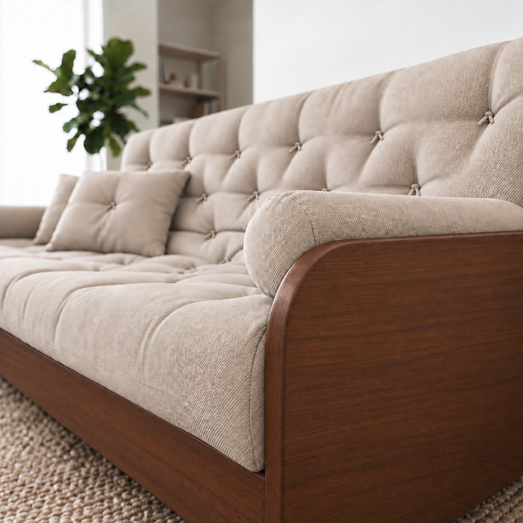 Sofá Cama Casal Futon Paris II Sarja em Madeira Maciça Imbuia - Cor Bege Claro - detalhe do produto e da madeira