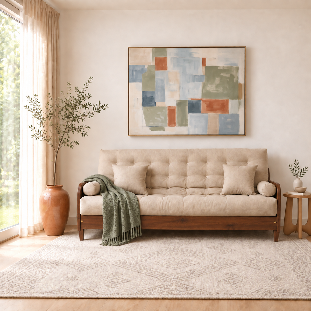 Sofá Cama Casal Futon Paris II Sarja em Madeira Maciça Imbuia - Cor Bege Claro - sofá decorada